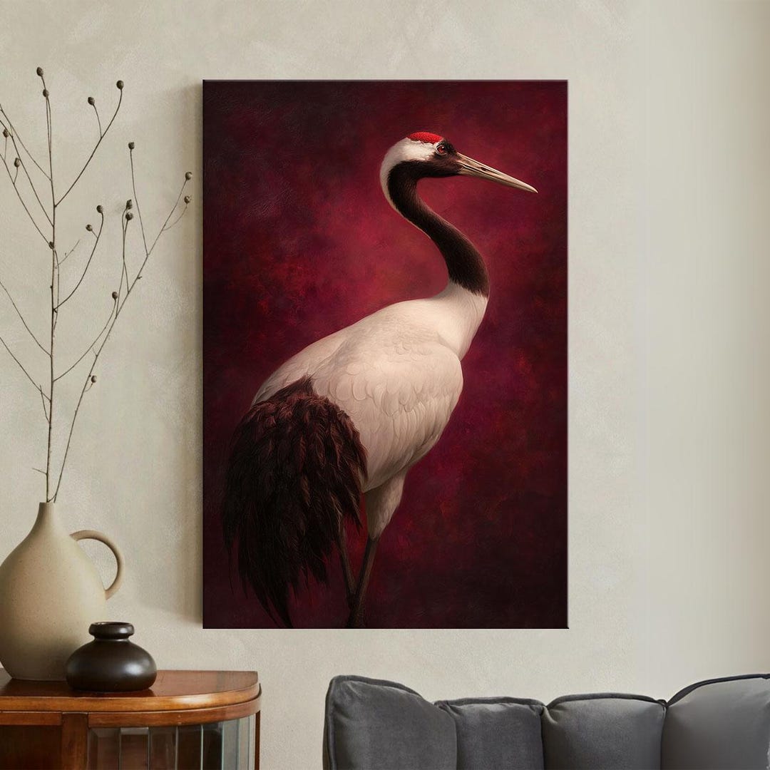 Red Crowned Crane Art Canvas Print, Japanese Bird Oil Painting ...