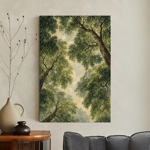 Forest Canopy Canvas Print, Looking Up Through Trees Wall Art, Woodland Nature Decor, Large Green Tree Branches Print, Rustic Room Art