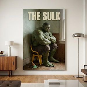 The Sulk Parodie Wandkunst, lustiger Superheld Leinwanddruck, Comic-Buch-Humor-Dekor, trauriges grünes Monster-Plakat, geeky Jungen-Raum-Mannhöhlen-Kunst