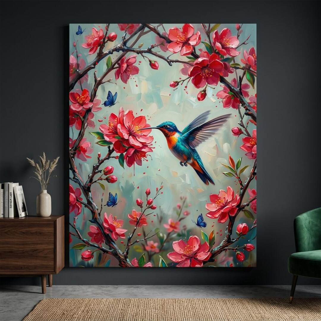 Cheerful Humming Colorful Hummingbird Canvas Print, Vibrant Red Floral Wall Art, Blue ...