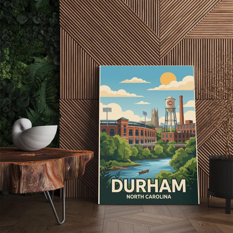 Durham North Carolina Canvas Print Wall Art, Vintage Travel Poster Decor, Retro Cityscape, Duke University Art, Lucky Strike Tobacco Gift image 5