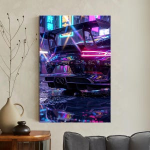 Porsche GT3RS Wall Art, Canvas Print, Cyberpunk Neon City Lights, JDM Car Poster, Modern Garage Decor, Racing Sports Car, Synthwave Decor