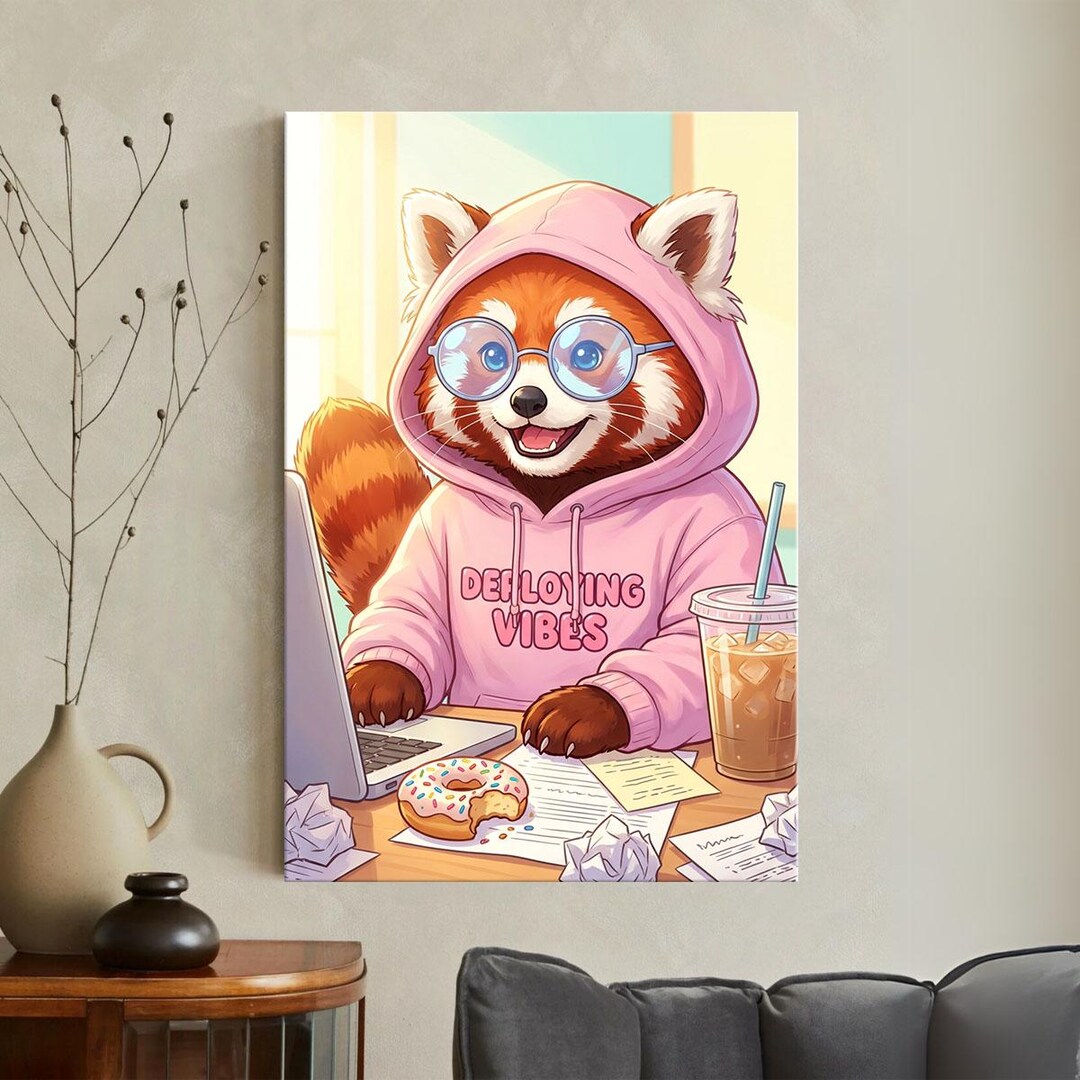 Cute Red Panda Canvas Print, Funny Programmer Wall Art, Kawaii Animal ...