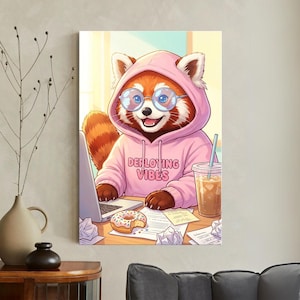 May include: Digital artwork featuring a red panda in a pink hoodie with the text "Deploying Vibes" and round glasses, working on a laptop. A donut, iced coffee, and papers are on the desk. The image is displayed on a wall.