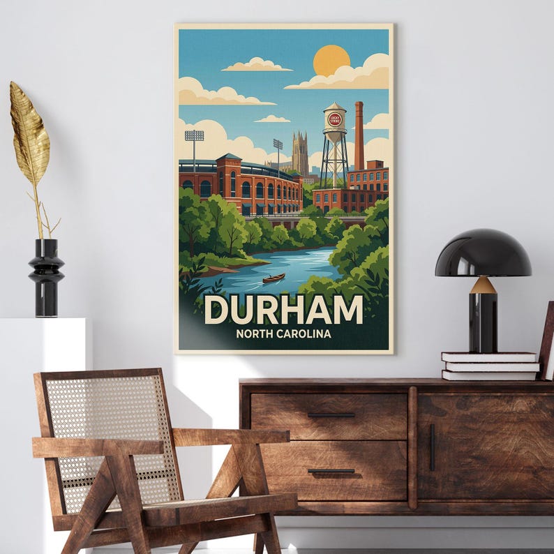 Durham North Carolina Canvas Print Wall Art, Vintage Travel Poster Decor, Retro Cityscape, Duke University Art, Lucky Strike Tobacco Gift image 3