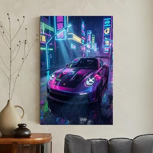 Cyberpunk Porsche Wall Art, Neon City Canvas Print, Futurism Racing Car Decor, Synthwave Street Art, Gamer Room Decor, Modern Car Poster
