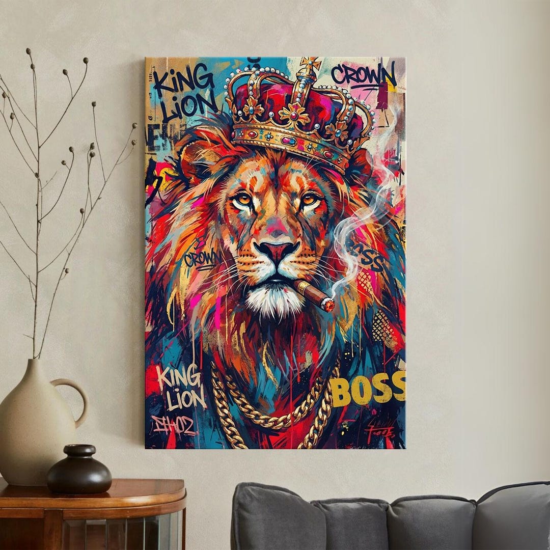 Graffiti Lion King Canvas Print, Street Art Wall Decor, Colorful Animal ...