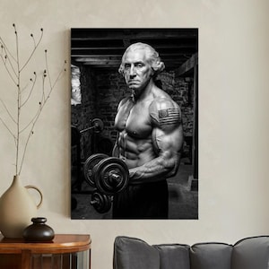 Impression sur toile George Washington chamois, art mural drôle de salle de sport, président culturiste, déco entraînement patriotique, cadeau homme des cavernes, histoire des États-Unis