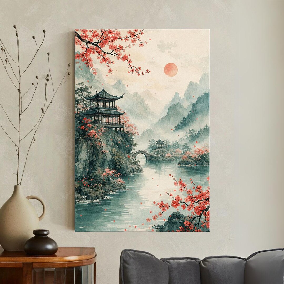 Japanese Landscape Canvas Print, Cherry Blossom Wall Art, Zen Mountain ...