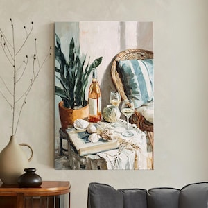 Coastal Still Life Painting Canvas Print, Boho Beach House Decor, Wine And Plant Art, Seashells Wicker Chair, Summer Aesthetic Wall Art