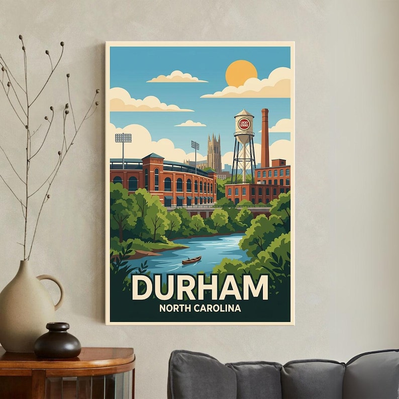 Durham North Carolina Canvas Print Wall Art, Vintage Travel Poster Decor, Retro Cityscape, Duke University Art, Lucky Strike Tobacco Gift image 1