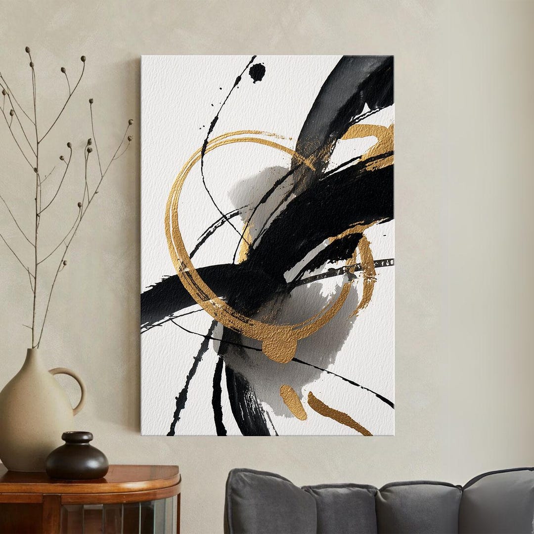 Black and Gold Abstract Canvas Print Wall Art, Modern Minimalist ...