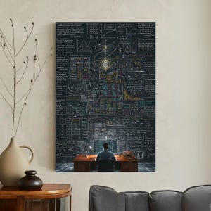 May include: A large rectangular canvas print featuring a detailed chalkboard-style design filled with mathematical equations, diagrams, and text. A person is seated at a desk in front of a computer, with a lamp and books nearby. The print has a dark background with colorful accents.