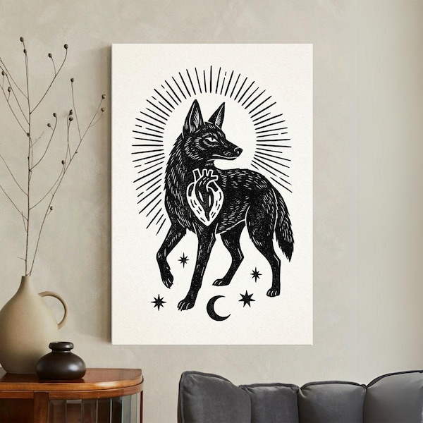Wolf Heart Canvas Wall Art, Dark Gothic Linocut Print, Occult Mystical Animal Decor, Moon and Stars Folk Art, Black and White Bedroom Art