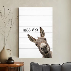 Könnte beinhalten: Leinwanddruck mit einem Esel, der hinter einem weißen Holzplanken-Hintergrund hervorlugt. Der Text "nice ass" ist in schwarzer Schrift geschrieben. Der Esel hat braunes Fell und lächelt.