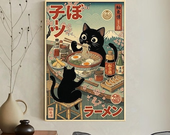 Black Cat Ramen Art Canvas Print, Vintage Japanese Poster, Funny Kitchen Wall Art, Anime Cat Decor, Mt Fuji Ukiyoe Retro Noodle Print