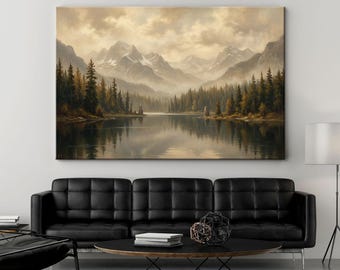 Vintage Mountain Landscape Canvas Print, Moody Forest Lake Wall Art, Rustic Cabin Decor, Antique Sepia Nature Oil Painting Artwork