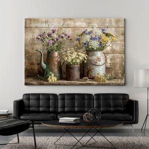 Vintage Wildflower Bouquet Canvas Wall Art, Rustic Farmhouse Decor, Country Cottage Still Life, Floral Canvas Print, Rusty Metal Vase Art