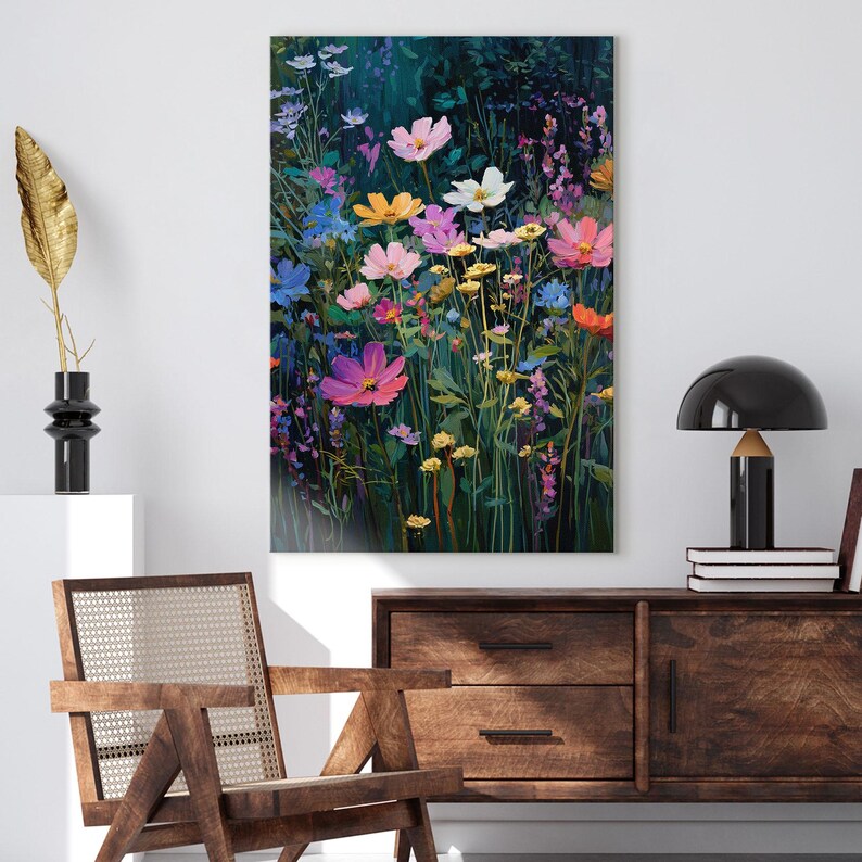 Colorful Wildflower Meadow Canvas Print, Floral Oil Painting Wall Art ...