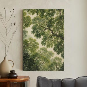 Forest Canopy Wall Art, Looking Up At Trees Canvas Print, Sage Green Botanical Decor, Minimalist Nature Wall Art, Neutral Woodland Print
