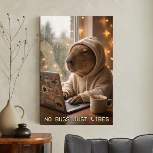 May include: A canvas print featuring a capybara wearing a beige hoodie, typing on a laptop with stickers. A mug of coffee sits beside the laptop. The print has the text "NO BUGS JUST VIBES" at the bottom.