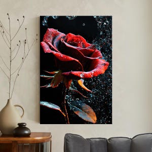 Red Rose Canvas Print, Dramatic Floral Wall Art, Water Drop Flower Photography, Romantic Home Decor Gift