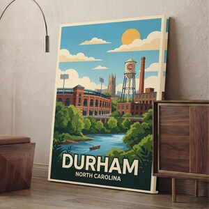 Durham North Carolina Canvas Print Wall Art, Vintage Travel Poster Decor, Retro Cityscape, Duke University Art, Lucky Strike Tobacco Gift image 2