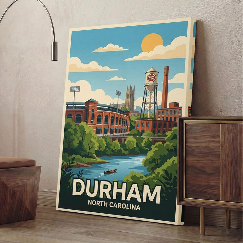 Durham North Carolina Canvas Print Wall Art, Vintage Travel Poster Decor, Retro Cityscape, Duke University Art, Lucky Strike Tobacco Gift image 2