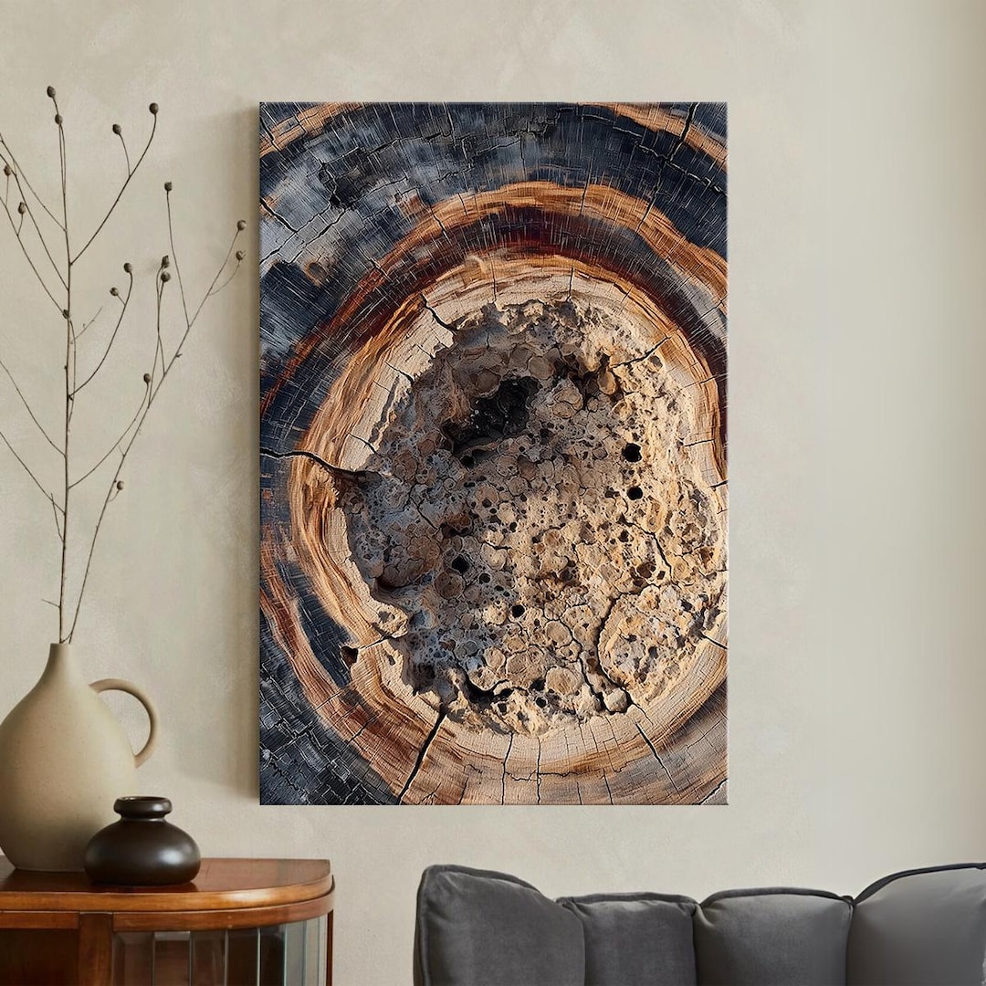 Petrified Wood Tree Ring Wall Art, Abstract Nature Canvas Print