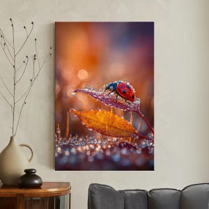 Ladybug Canvas Print, Macro Nature Wall Art, Red Beetle Leaf Decor, Dew Drop Insect Art, Vibrant Warm Tones Artwork, Modern Home Wall Decor