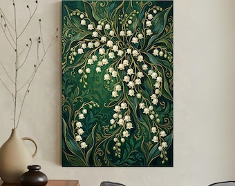 Lily of the Valley Canvas Print, Art Nouveau Floral Wall Art, Emerald Green Gold Botanical Decor, Vintage William Morris Style Artwork