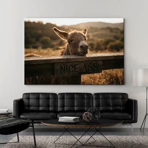 Könnte beinhalten: Leinwanddruck mit einem Esel, der über einen Holzzaun schaut. Der Text "NICE ASS" ist in den Zaun geschnitzt. Der Esel hat braunes Fell, vor dem Hintergrund eines Feldes und eines Sonnenuntergangs.
