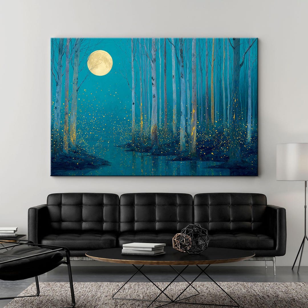 Magical Forest Moon Canvas Print, Enchanted Night Sky Wall Art, Blue ...