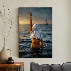 May include: Oil painting of a person standing in the ocean with their arm raised, wearing a white shirt. The person is facing away from the viewer. A sailboat is in the distance, and the sky is a mix of gray and yellow.
