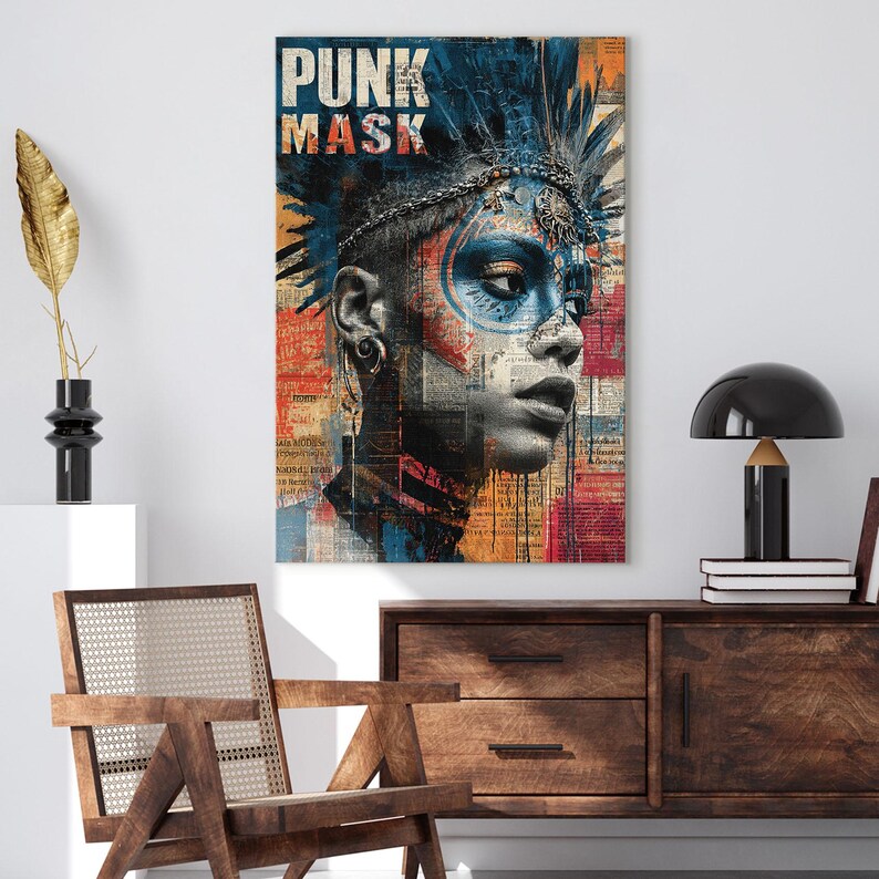 Punk Mask Newspaper Collage Canvas Print, Afro Punk Portrait Wall Art ...