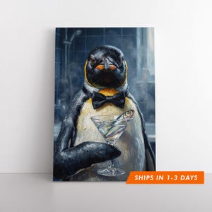 May include: A canvas print featuring a penguin in a tuxedo holding a martini glass with a fish. The penguin has a black bow tie and a yellow and black head. The background is a blurred image of a shower.