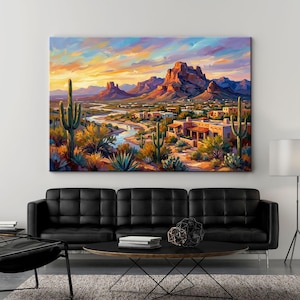 Arizona Desert Canvas Print, Southwestern Wall Art, Vibrant Sunset Landscape, Saguaro Cactus Painting, Southwest Home Decor, Canyon Art