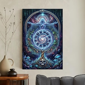 Może przedstawiać: Żywy, pionowy wydruk artystyczny z kosmicznym motywem. Centralna postać z rozłożonymi ramionami otoczona jest okrągłą ramą z tarczą zegara. Na dole drzewo z podstawą czaszki i grzybami. Kolorystyka obejmuje odcienie niebieskiego, fioletowego i zielonego.