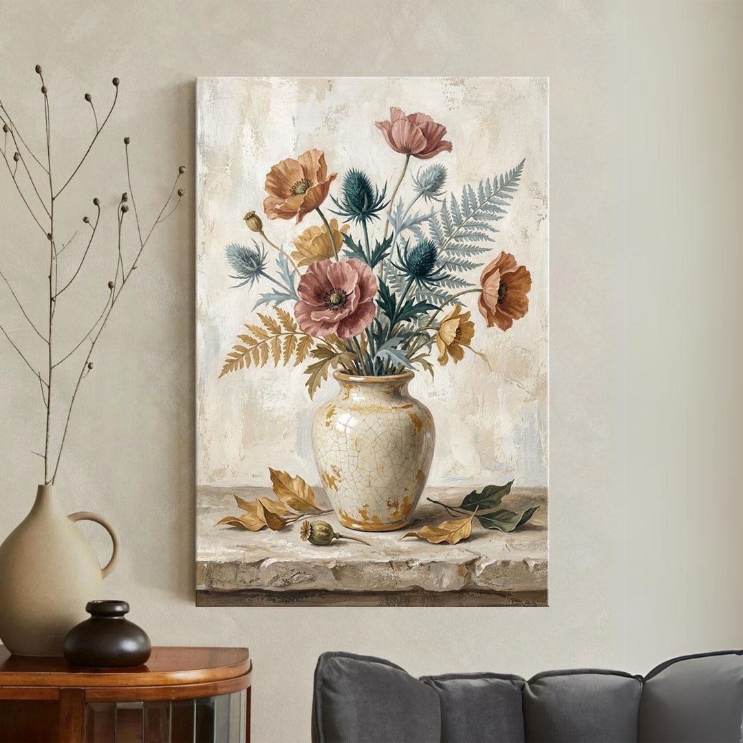 Vintage Floral Still Life Canvas Print, Rustic Poppy and Thistle Wall ...