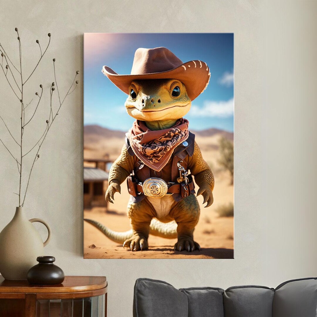 Lizard Cowboy Wall Art, Gecko Western Canvas Print, Desert Reptile ...