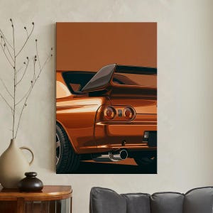 Impressão em tela de carro esportivo JDM retrô, arte de parede automotiva japonesa, ilustração de carro laranja, decoração de corrida vintage, pôster para quarto masculino, quarto de adolescente
