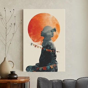 May include: A digital art print featuring a silhouette of a person in a meditative pose, set against a vibrant orange circle resembling a sun or moon. The figure is adorned with colorful prayer flags, creating a serene and spiritual aesthetic.
