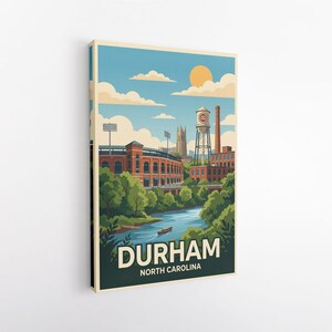 Durham North Carolina Canvas Print Wall Art, Vintage Travel Poster Decor, Retro Cityscape, Duke University Art, Lucky Strike Tobacco Gift image 4