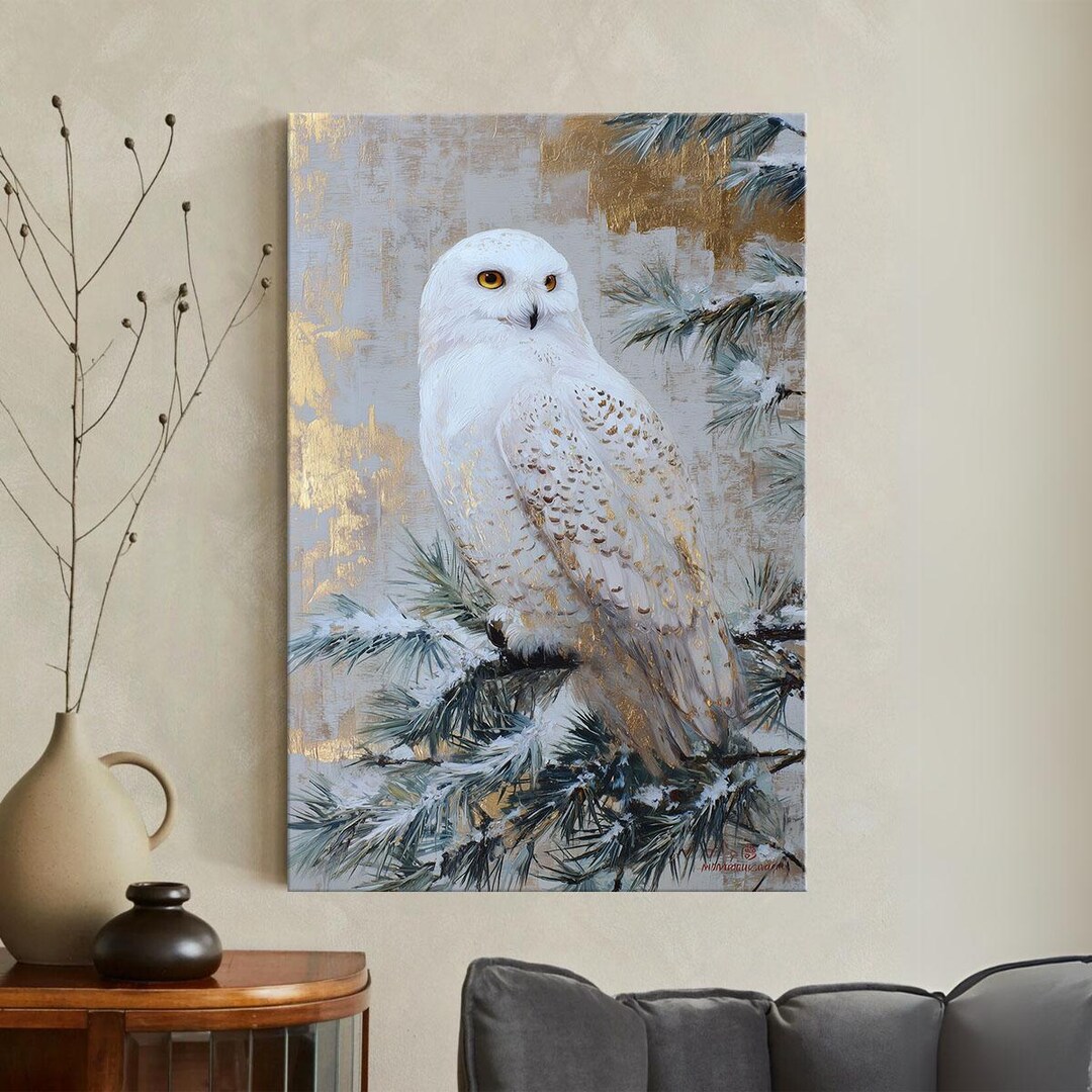Snowy Owl Canvas Print, White Bird Wall Art, Gold and White Painting ...