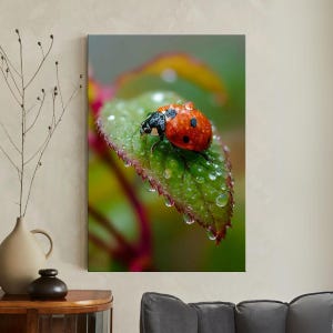 Ladybug Wall Art Canvas Print, Macro Nature Wall Decor, Green Leaf Insect Art, Red Ladybird Painting, Garden Wall Decor, Dew Drops Art