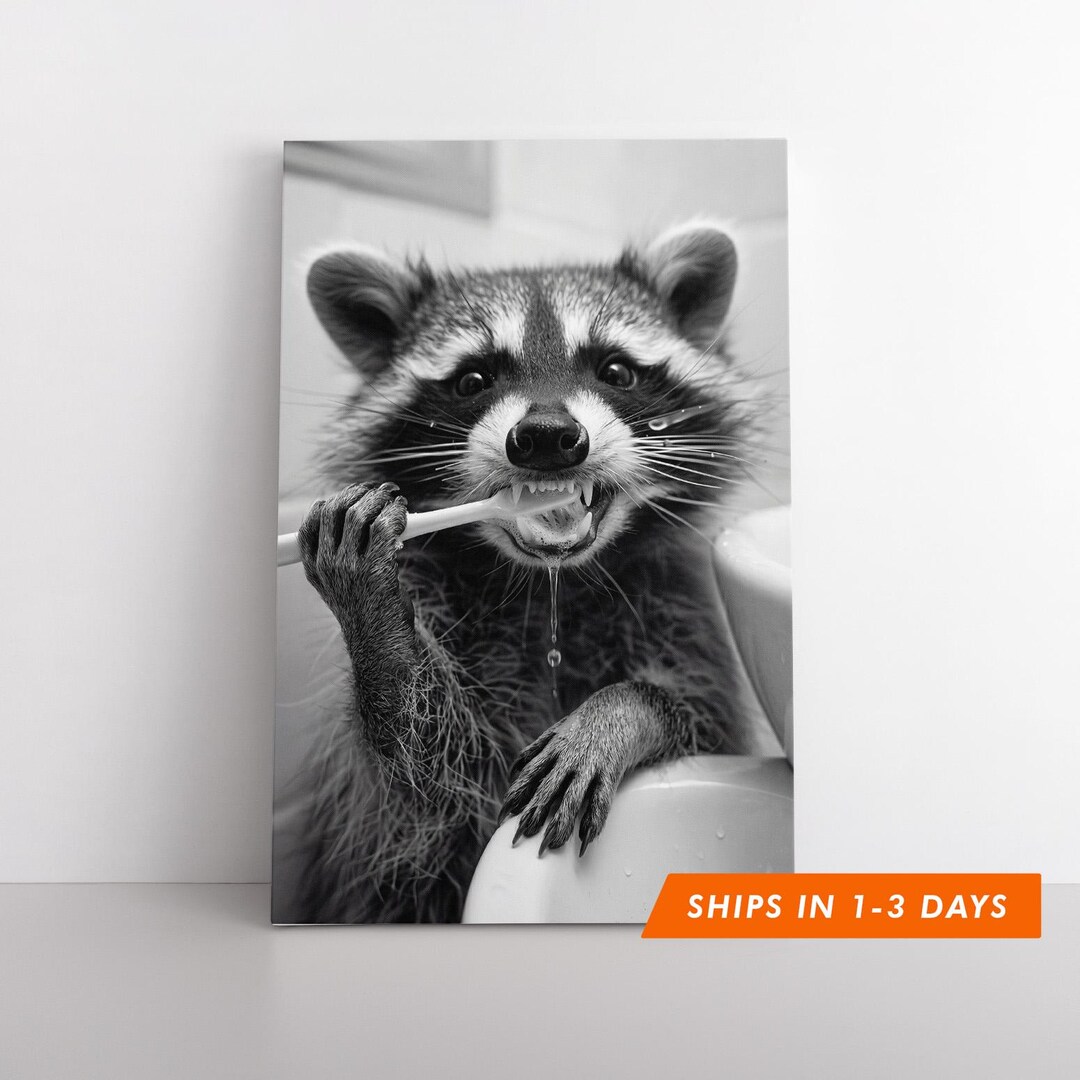 Funny Raccoon Bathroom Wall Art Canvas Print, Black and White Animal ...