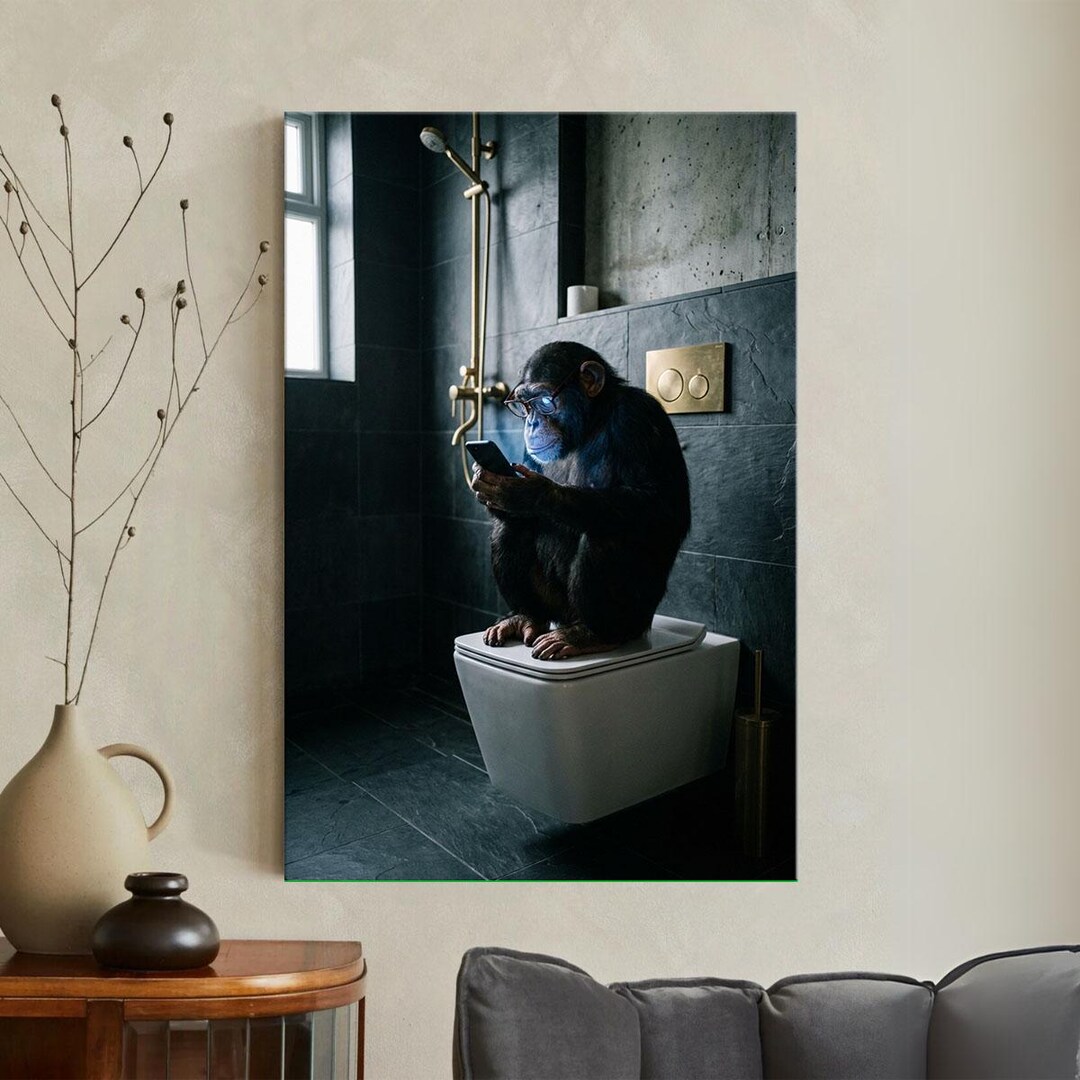 Funny Monkey on Toilet Canvas Print, Chimpanzee With Phone Wall Art ...