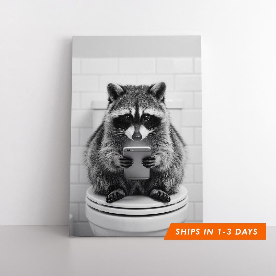 Funny Raccoon Bathroom Art Canvas Print, Animal on Toilet Wall Decor ...