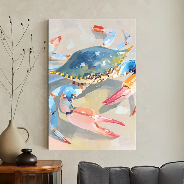 Cuadro de cangrejo azul en lienzo, decoración para casa de playa costera, pintura colorida de animales náuticos, decoración de habitación estilo preppy con temática marina.