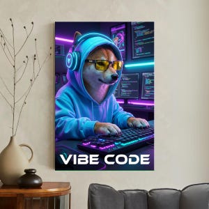 May include: A digital art print featuring a Shiba Inu dog wearing a blue hoodie, headphones, and yellow-tinted glasses, typing on a keyboard. The image has a neon purple and blue color scheme, with the words "VIBE CODE" at the bottom.